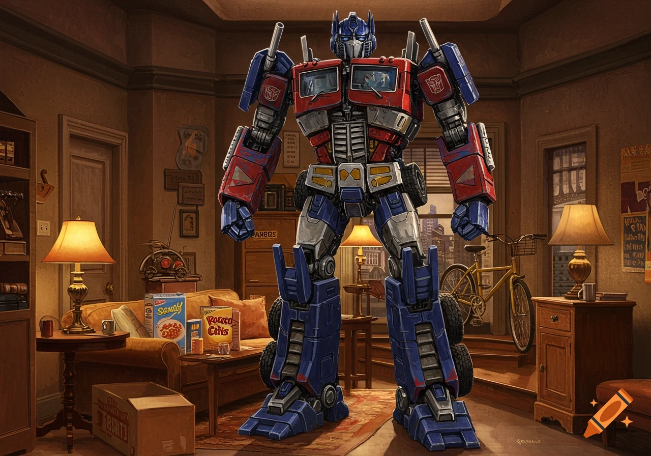 Optimus Prime stands towering in what appears to be Jerry Seinfeld's apartment, rendered in a detailed, painterly style.