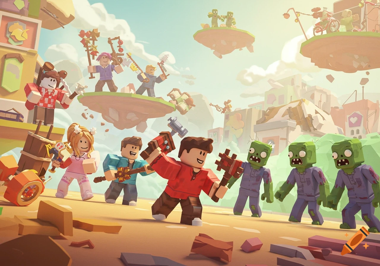 Roblox-style block characters, some holding weapons, confront zombies on floating islands with buildings in a bright, colorful digital art style.