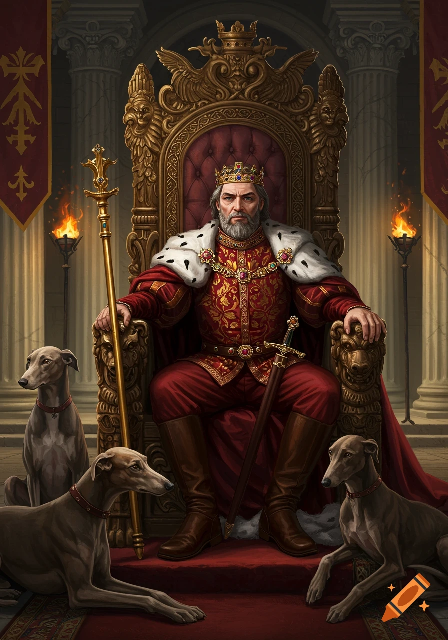 A regal medieval king in ornate red and gold robes and a crown sits on a golden throne, holding a scepter and sword, with three greyhounds around him.