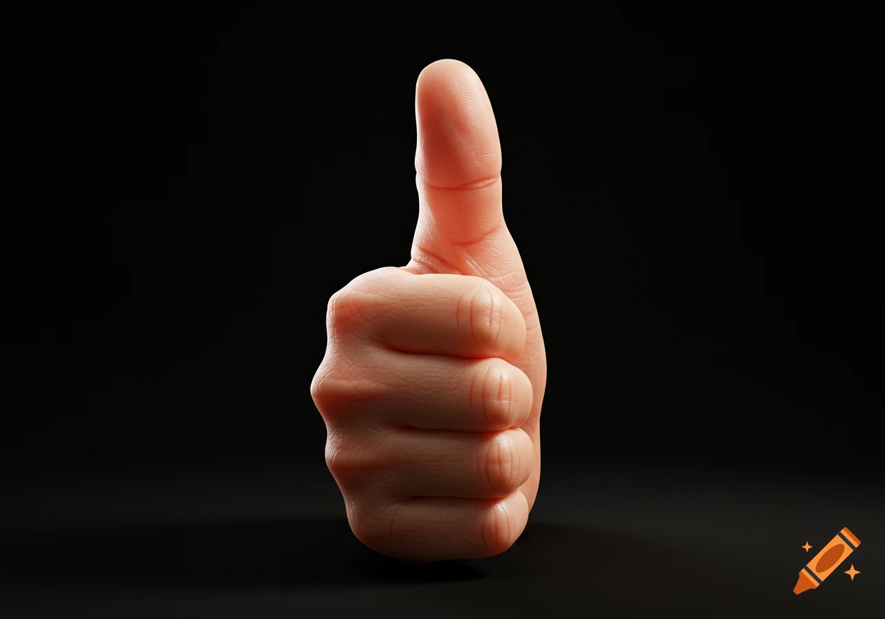 A detailed, photorealistic close-up of a hand with a thumbs-up gesture on a black background.