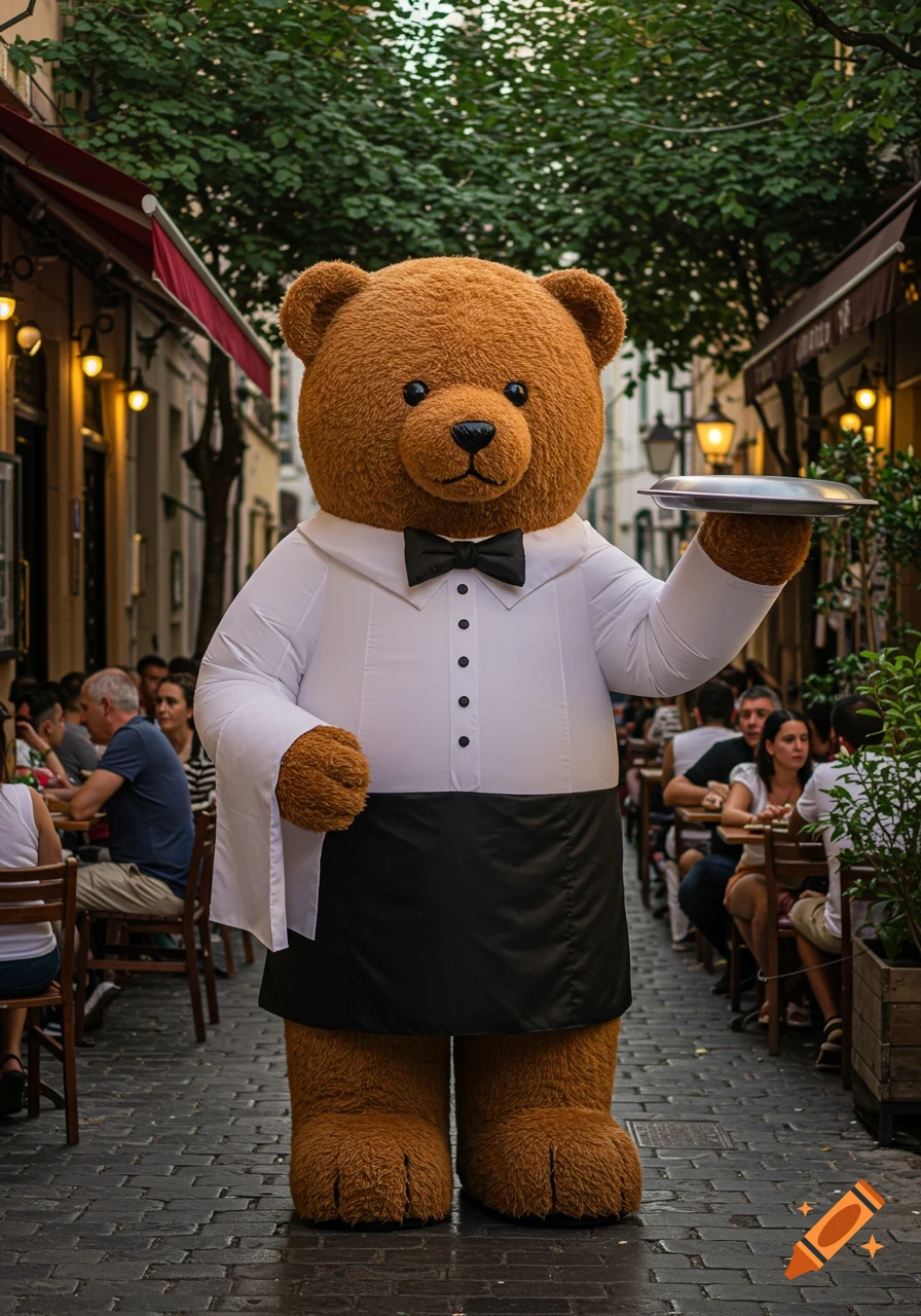 A photorealistic teddy bear mascot dressed as a waiter holds a tray on a cobblestone street with people dining outdoors.