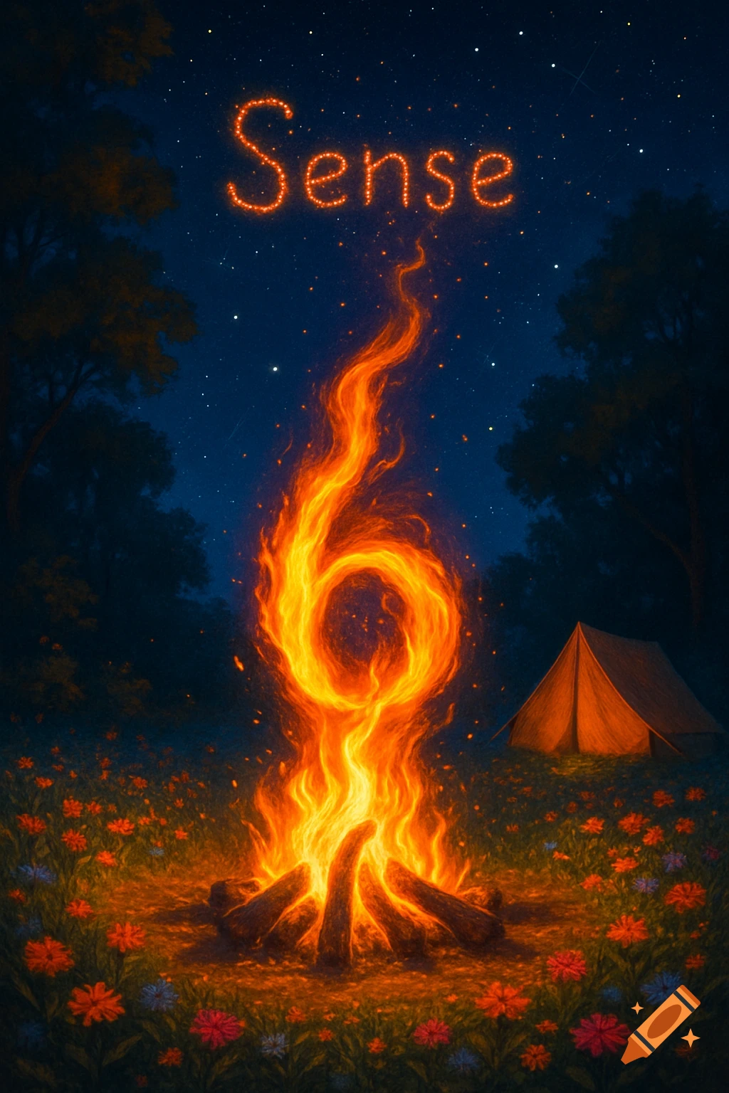 A vibrant camp scene at night with a fire shaped like the number 6, embers spelling 'Sense' in the sky, a tent, flowers, and trees.