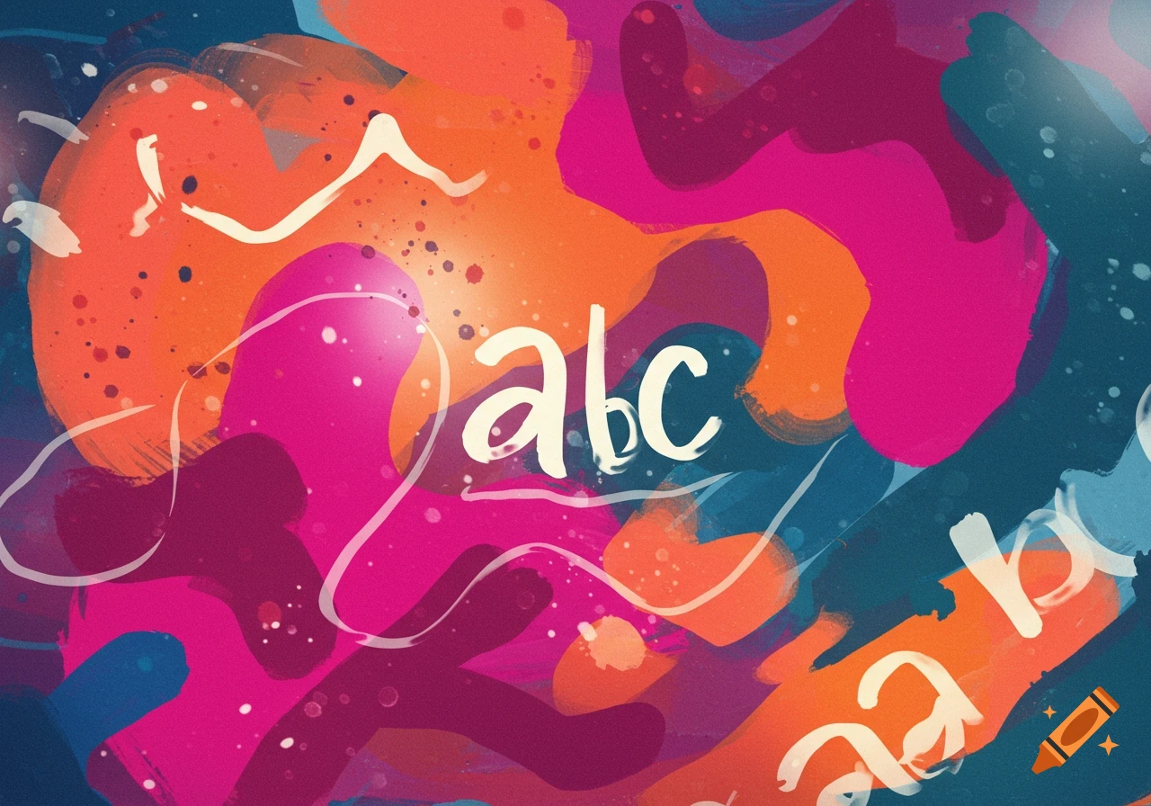 Abstract background with brush strokes and paint splatters in orange, pink, purple, and blue, featuring the white letters 'abc' in the center.