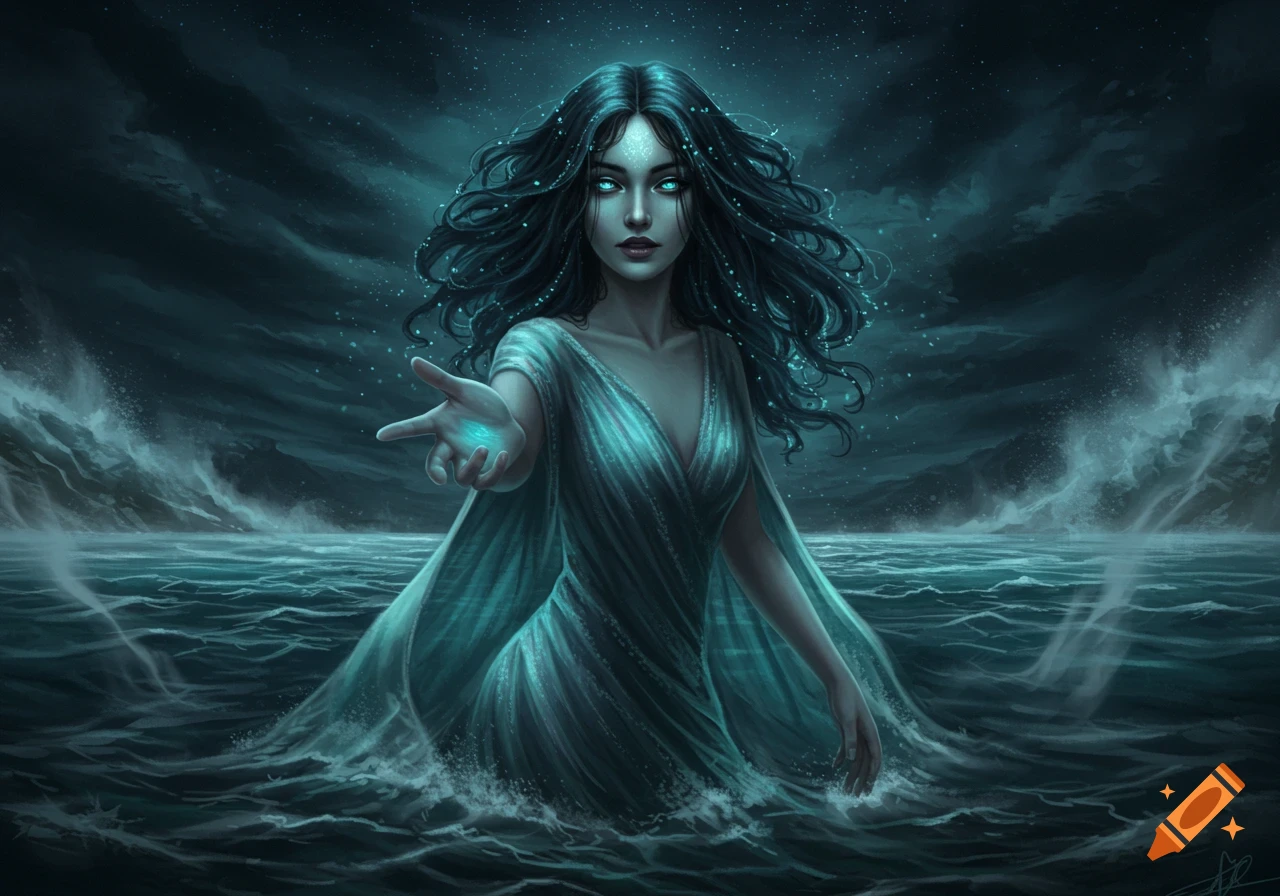 A dark fantasy painting of a siren in stormy waters under a starry sky, reaching out with a glowing hand.