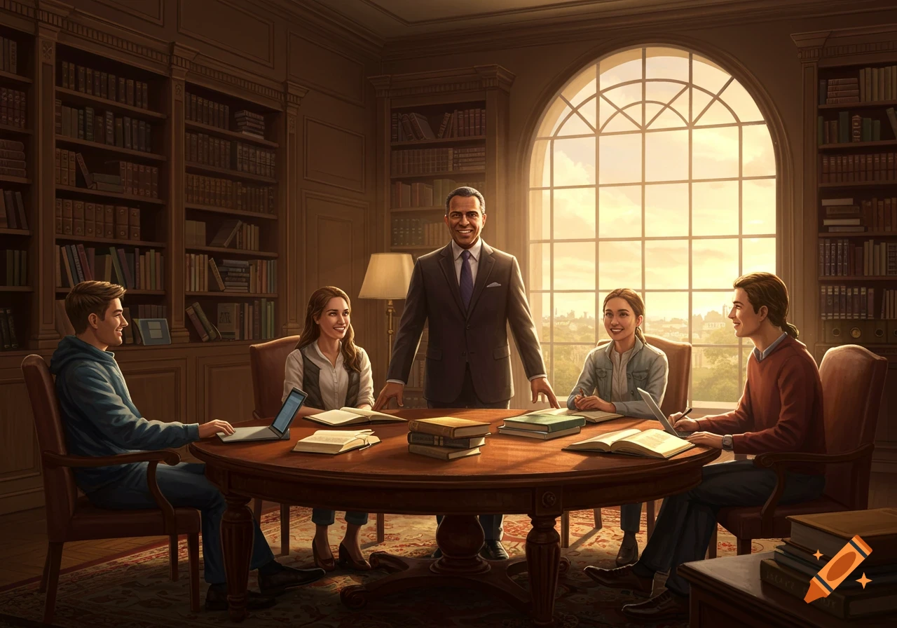 A diverse group of students and a male professor discuss books around a table in a grand library at sunset, photorealistic.
