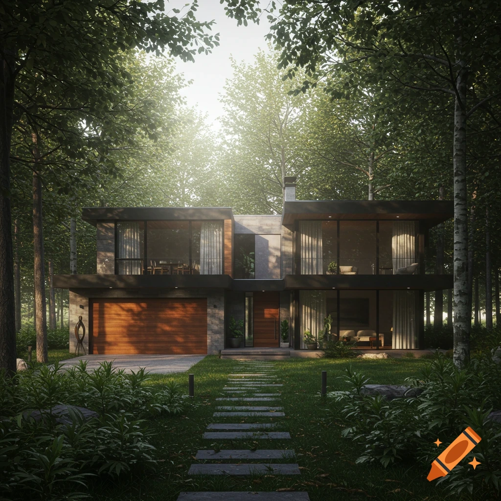A photorealistic modern house with large windows, surrounded by a lush green forest, with a stone path leading to its entrance.