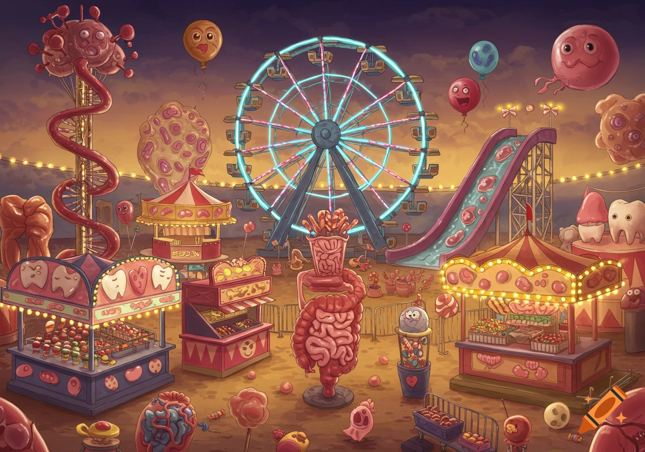 A whimsical cartoon carnival at night, with a Ferris wheel, slides, and stalls featuring human organs, cells, teeth, and DNA.