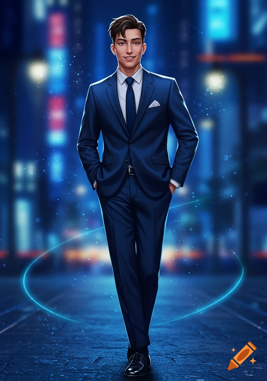 Animated man in a blue suit with hands in pockets, smirking in front of a blurry blue cityscape.