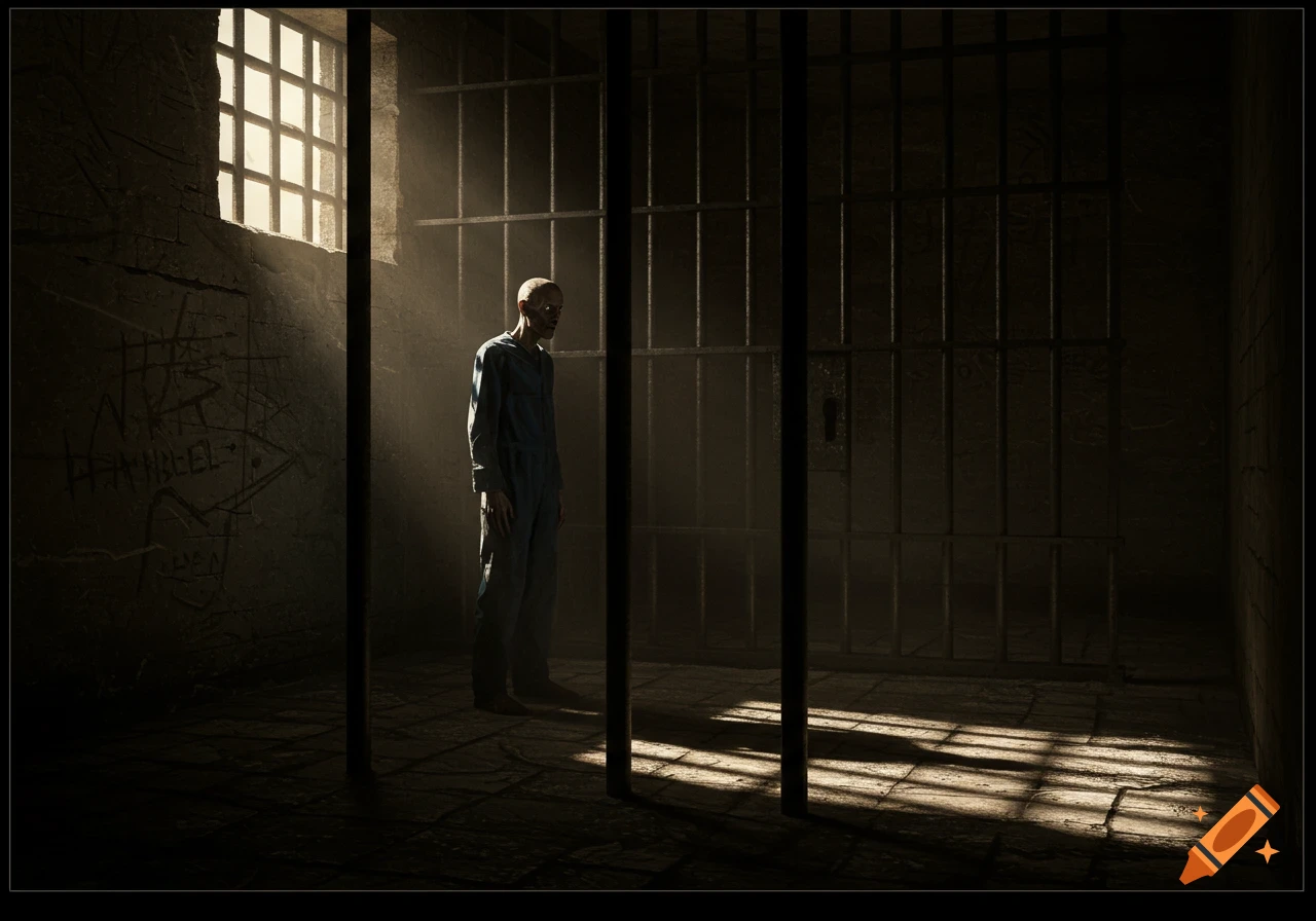 A gaunt prisoner in a dark cell, lit by dramatic light from a high barred window, stands facing away from the light.