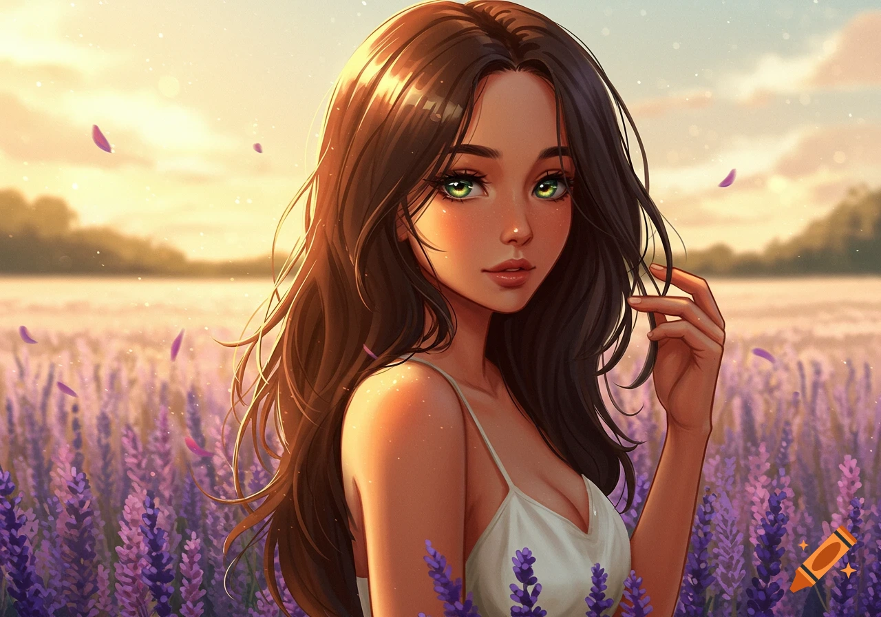 Anime young woman with long dark hair and green eyes in a sunlit lavender field.