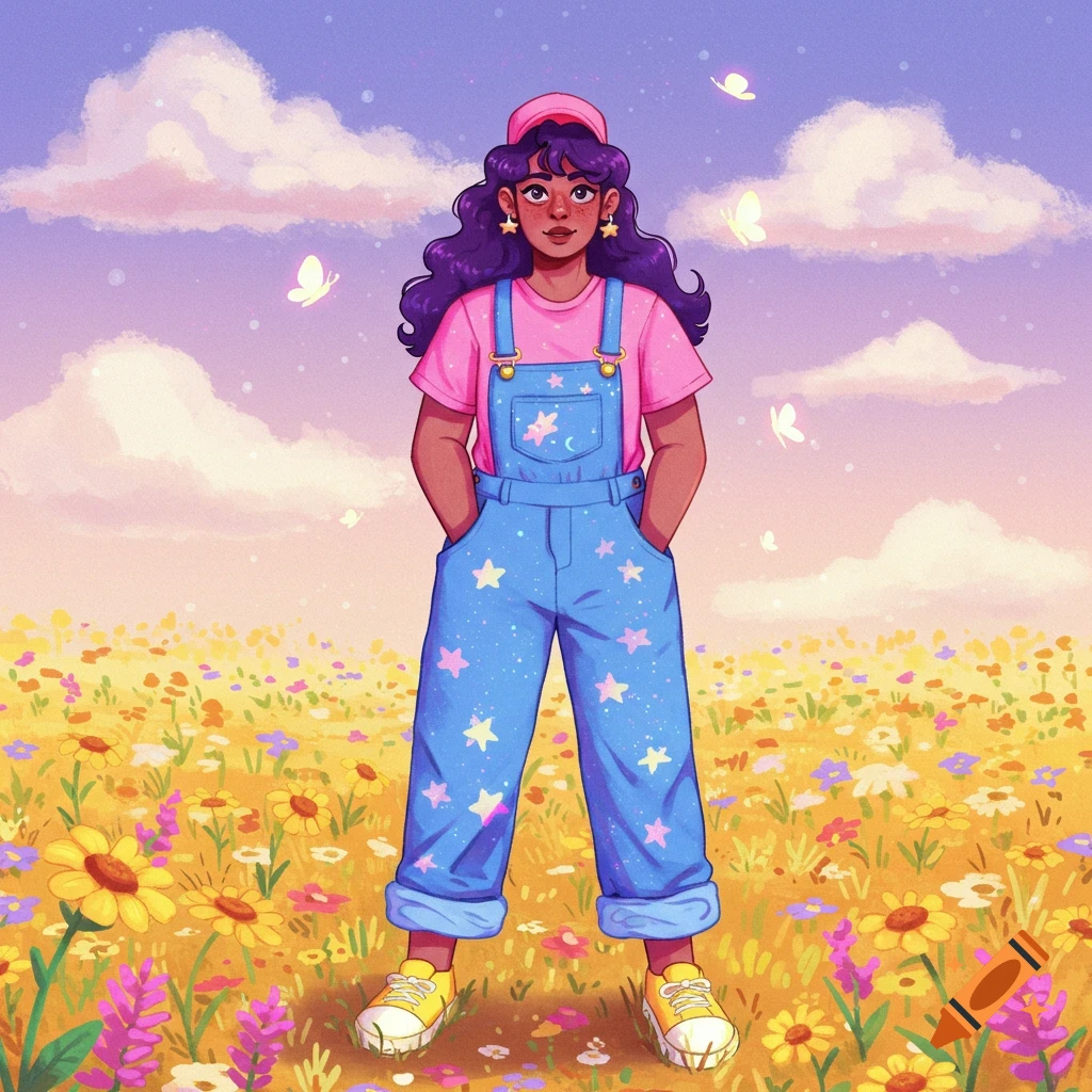 Colorful illustration of a nonbinary person with purple hair in blue starry overalls, yellow shoes, and a pink cap, standing in a vibrant flower field.