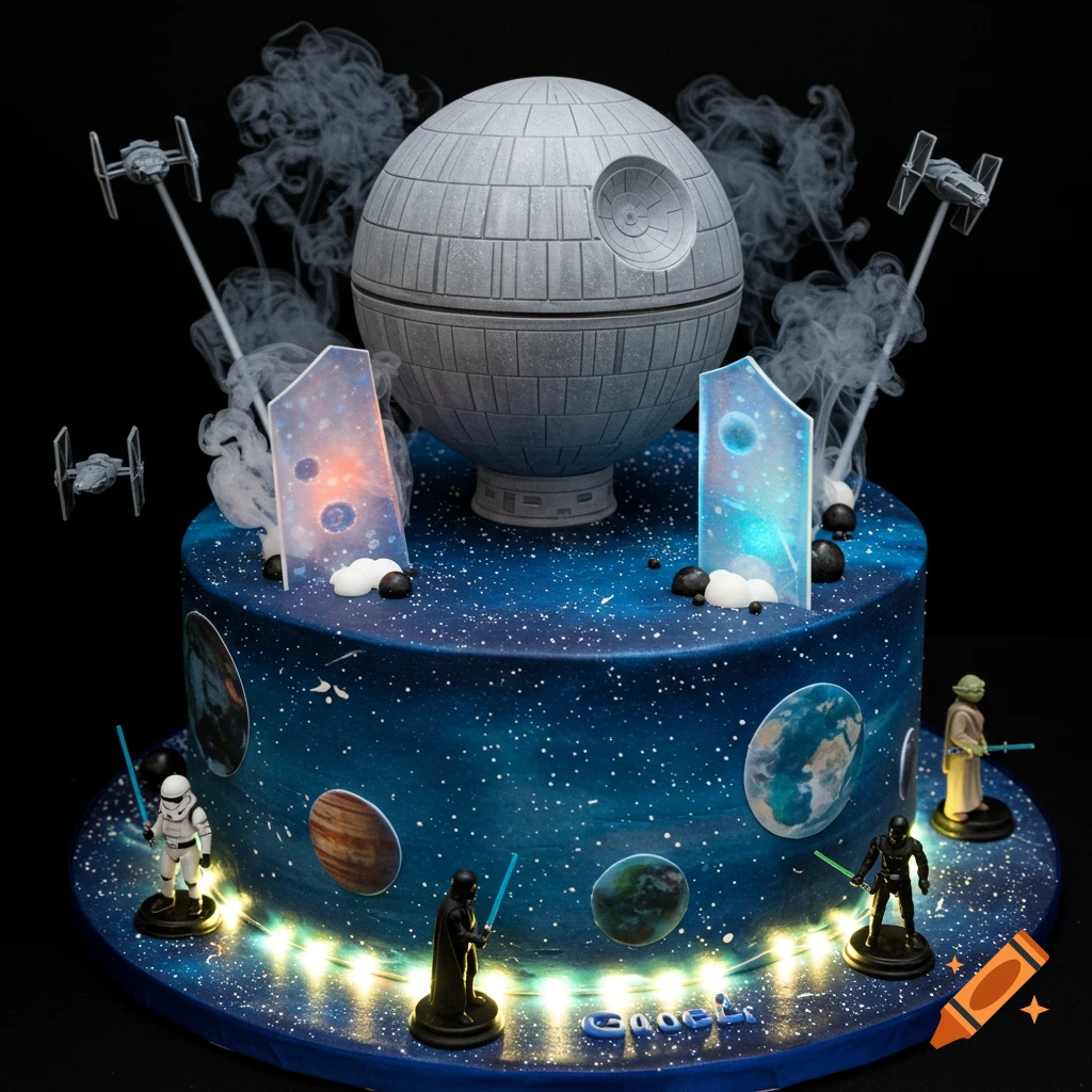 Star Wars themed birthday cake with a Death Star, TIE fighters, planets, and character figures, surrounded by fairy lights.