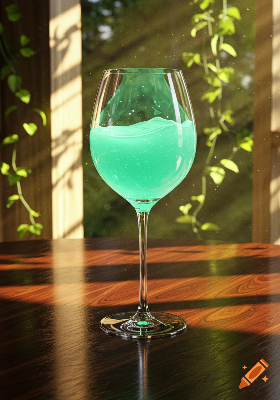 A wine glass filled with bright mint green liquid sits on a wooden table, with green foliage in the sunlit background.