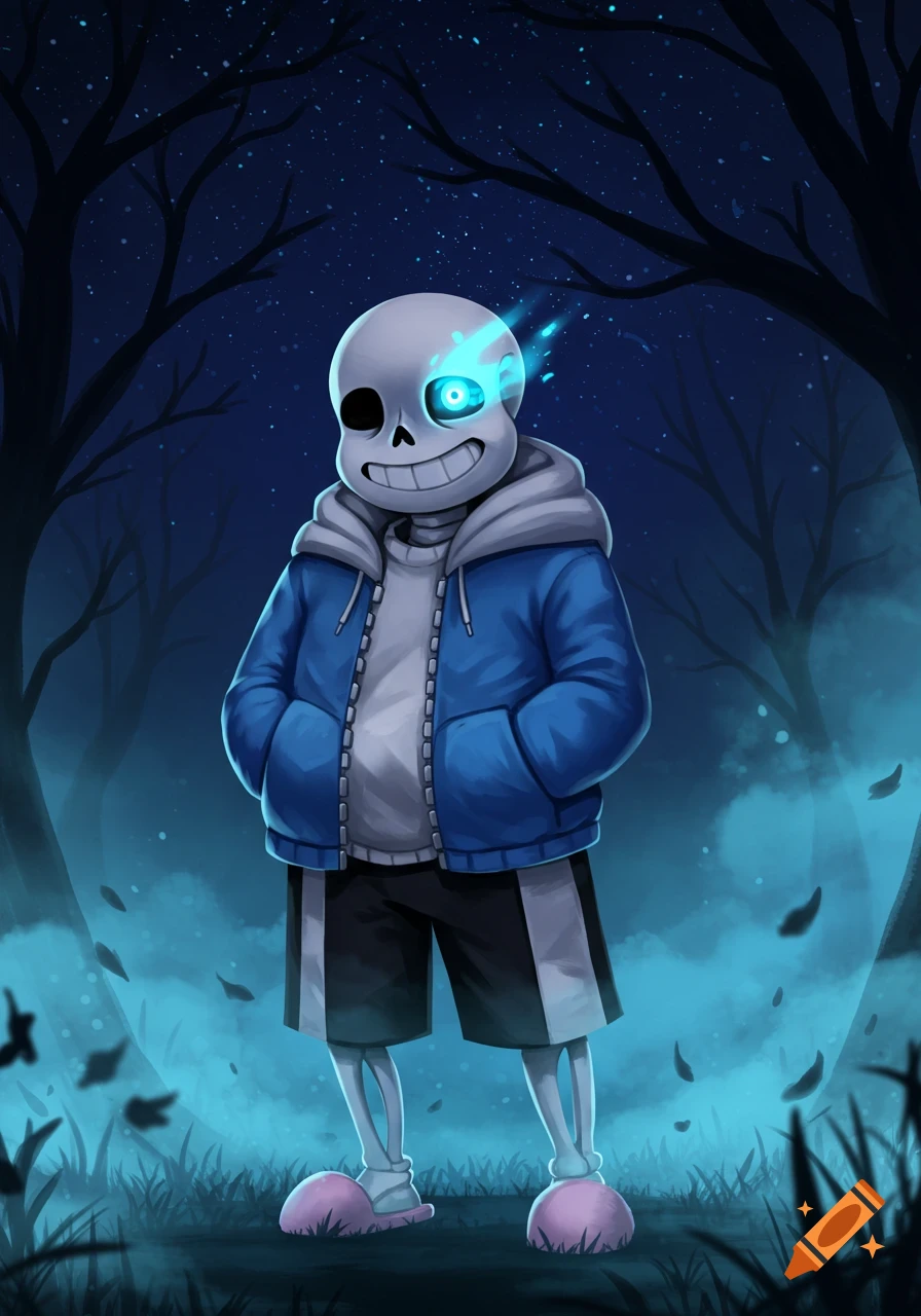 Stylized illustration of Sans from Undertale, a skeleton with a glowing blue eye, in a dark, misty forest at night.