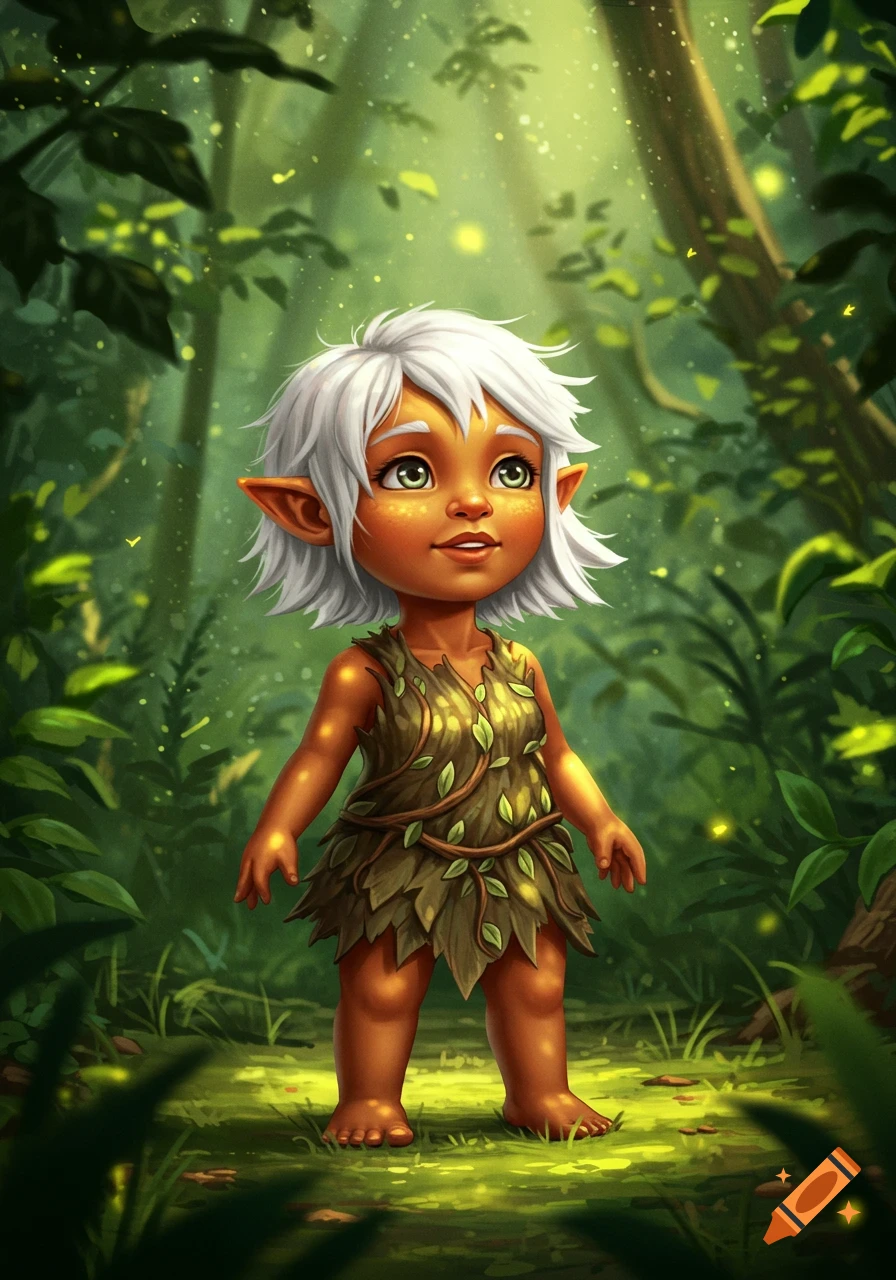 A cute, stylized white-haired gnome child in a leaf dress stands in a sun-dappled fantasy forest.