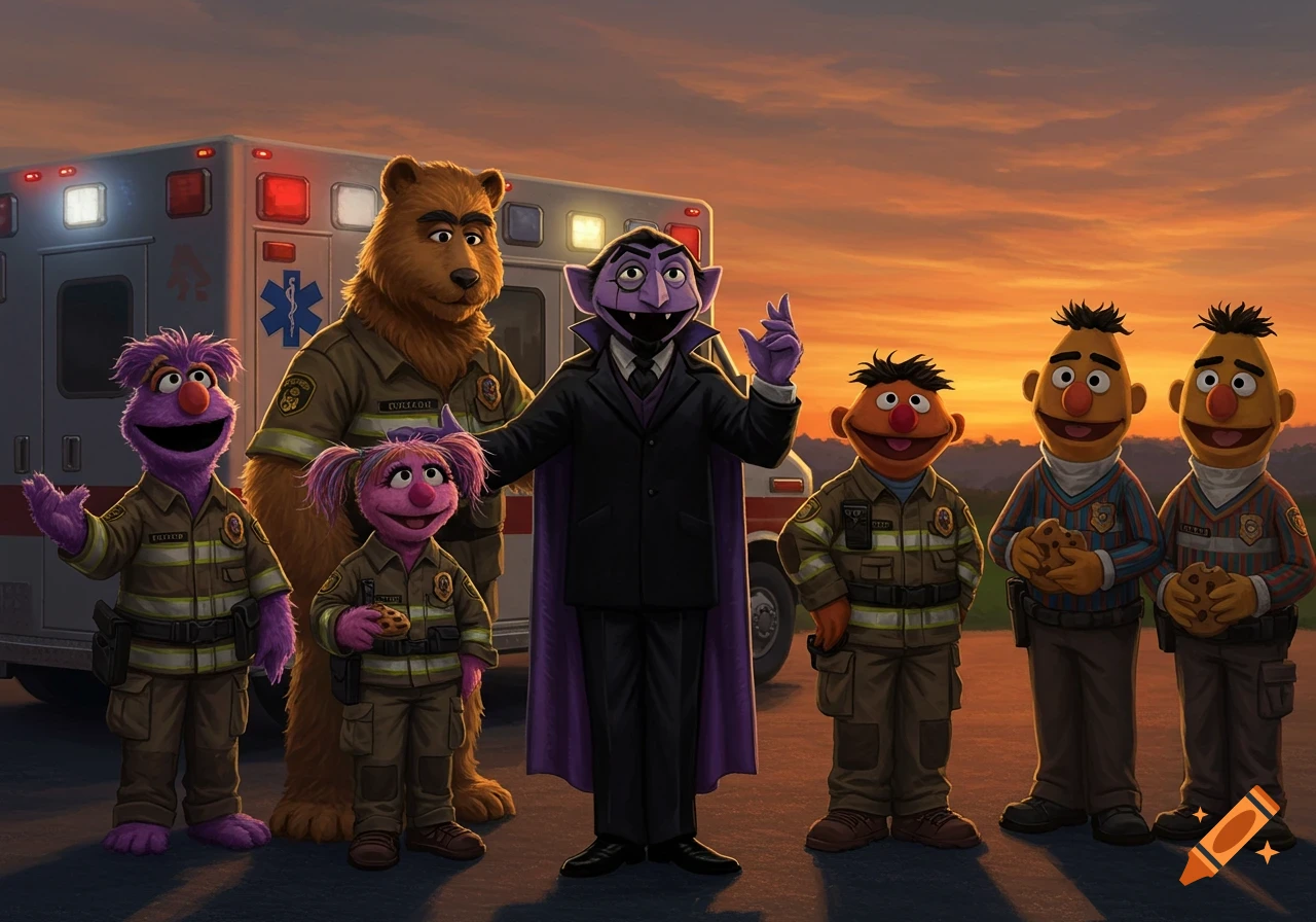 Sesame Street characters, including Count von Count, a bear, purple muppets, and Bert-like muppets, dressed in emergency service uniforms, stand in front of an ambulance at sunset.