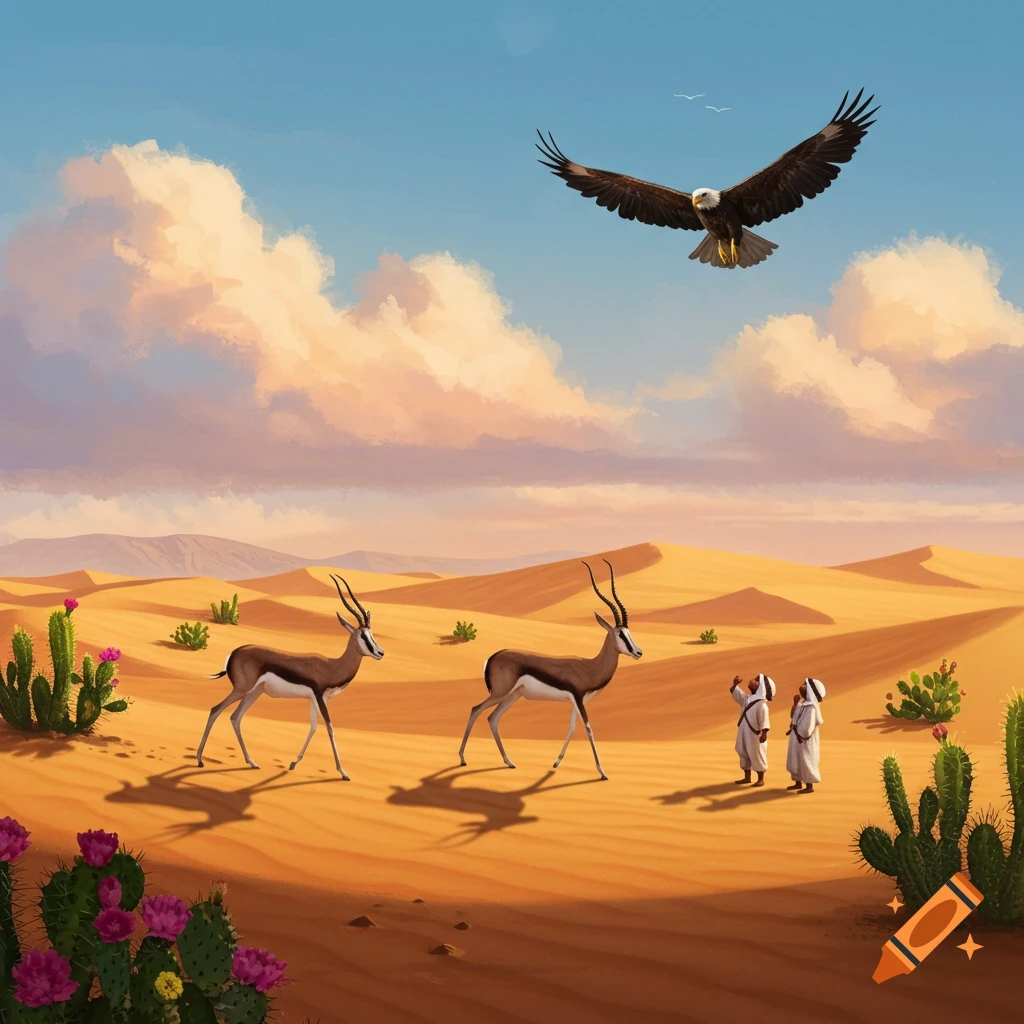 Illustrated desert scene with two gazelles, flowering cacti, two kids watching an eagle soar overhead.