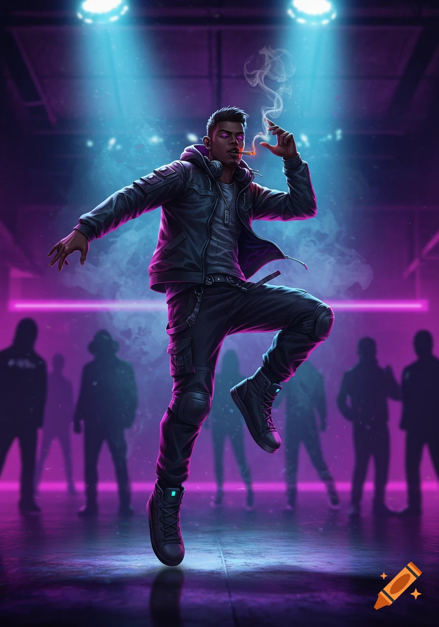 A stylized man in a black jacket and cargo pants dances energetically on a dark stage, smoking a joint, under neon blue and pink lights. Silhouettes are in the blurred background.