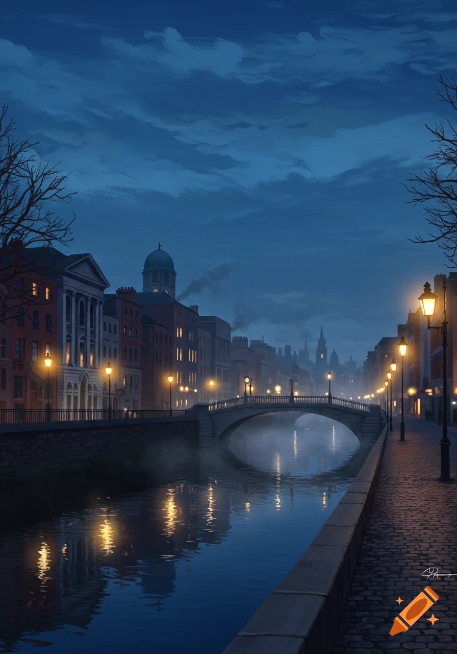 A moody night cityscape featuring a canal, stone bridge, and old buildings lit by streetlights, with reflections in the water.