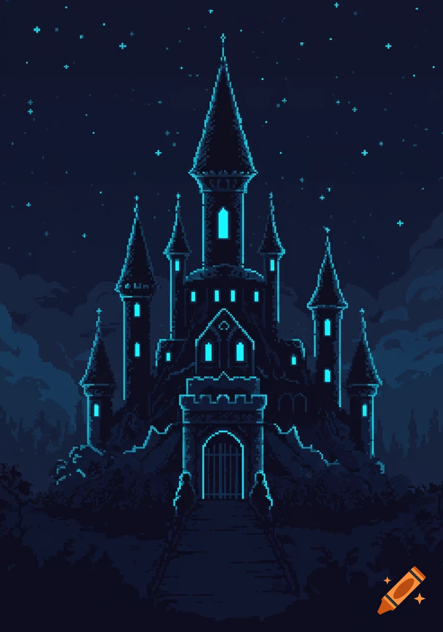 A pixel art castle at night, glowing with blue and turquoise lights, under a starry sky. Retro video-game aesthetic.