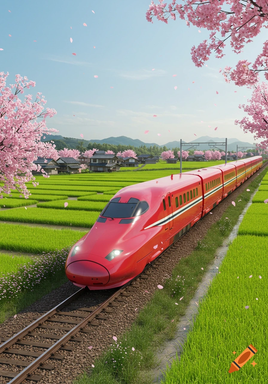 Red Shinkansen train in Japanese countryside with green rice paddies, traditional houses, and pink cherry blossom trees.