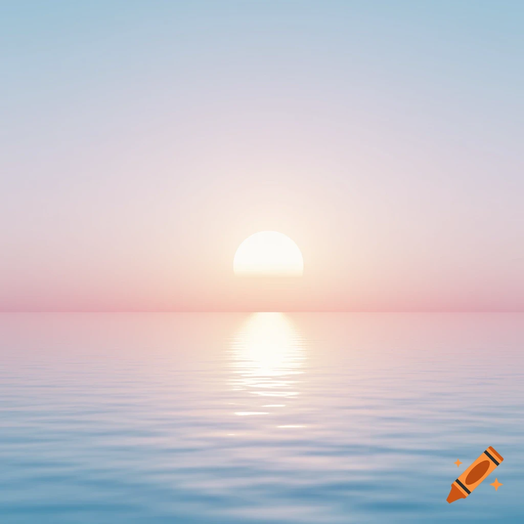 Minimalist sunrise or sunset over a calm sea with a soft gradient sky in pink, orange, and blue hues.
