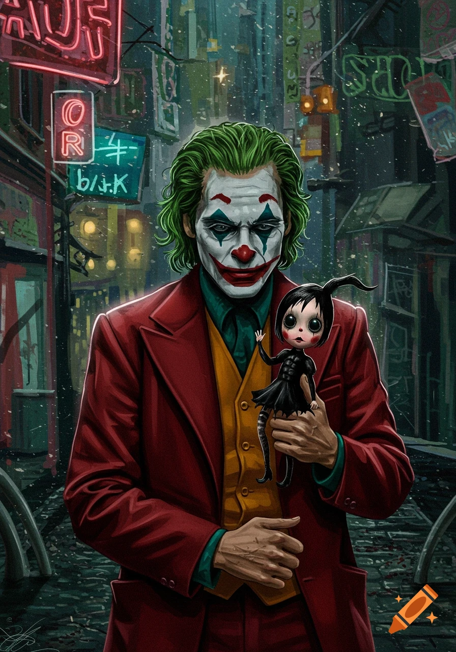 Joker in a red suit holds a dark gothic doll on a rainy city street at night, in a comic book art style.