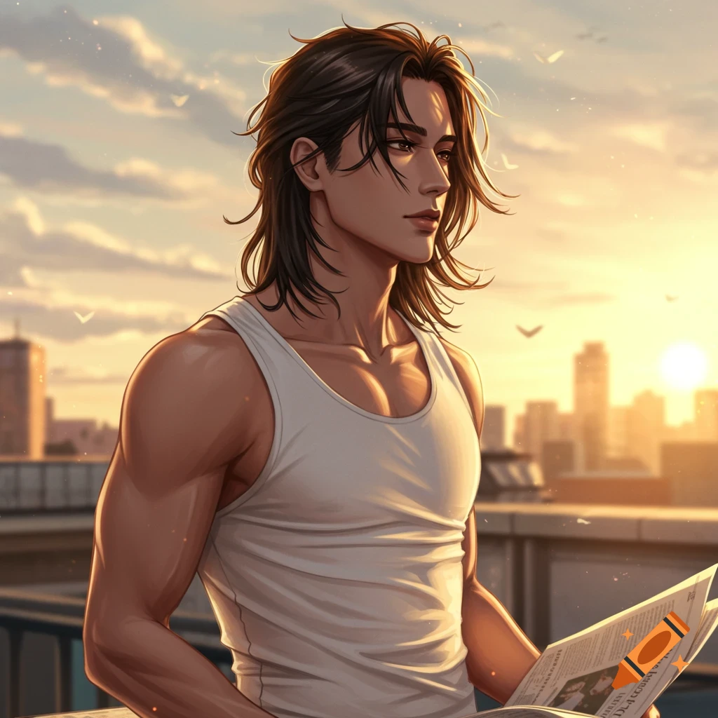 Anime style illustration of a long-haired young man in a white tank top on a city rooftop at sunset, holding a newspaper.