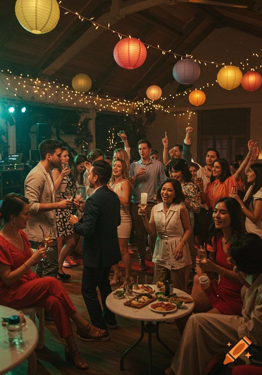 A lively indoor party with a large group of people socializing, holding drinks, under string lights and colorful lanterns.