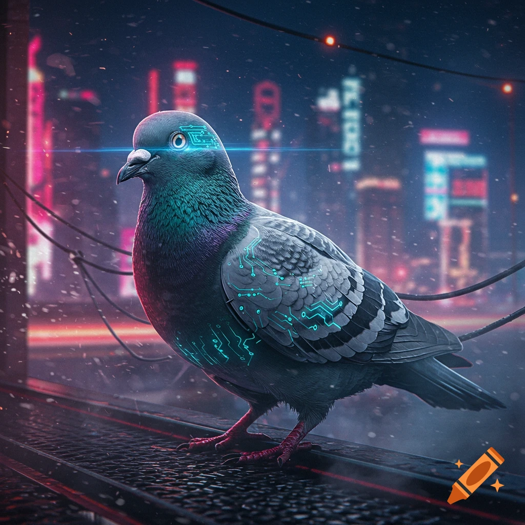 A photorealistic robotic pigeon with glowing blue circuits and eye stands in a neon-lit cyberpunk city at night with falling snow.