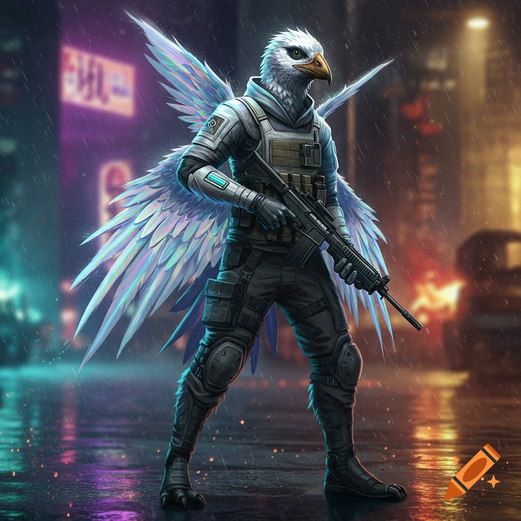 An anthropomorphic eagle soldier with white wings stands in a rainy, neon-lit cyberpunk city, holding a rifle.