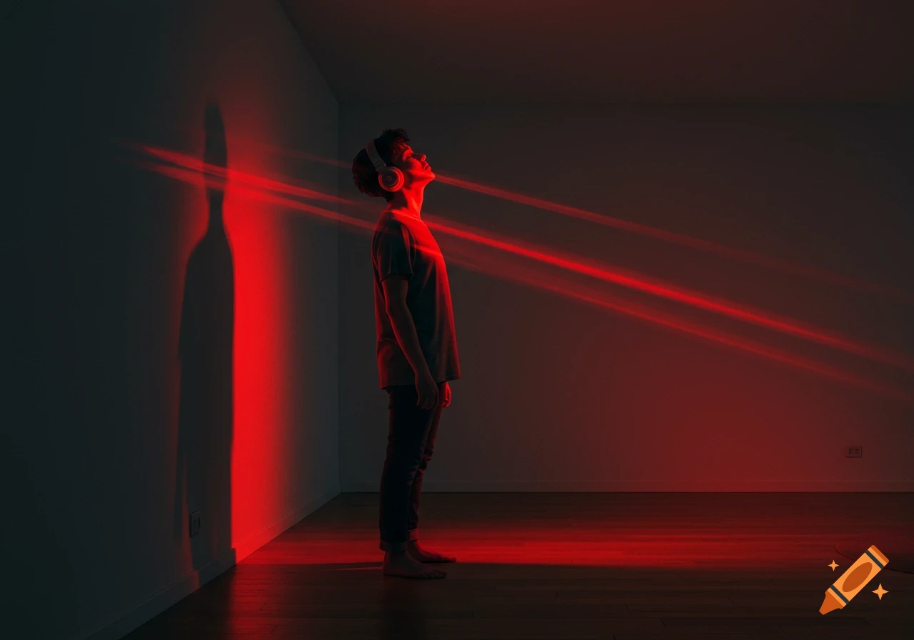A person wearing headphones stands in a dark room illuminated by dramatic red light streaks on the wall and floor, looking up.