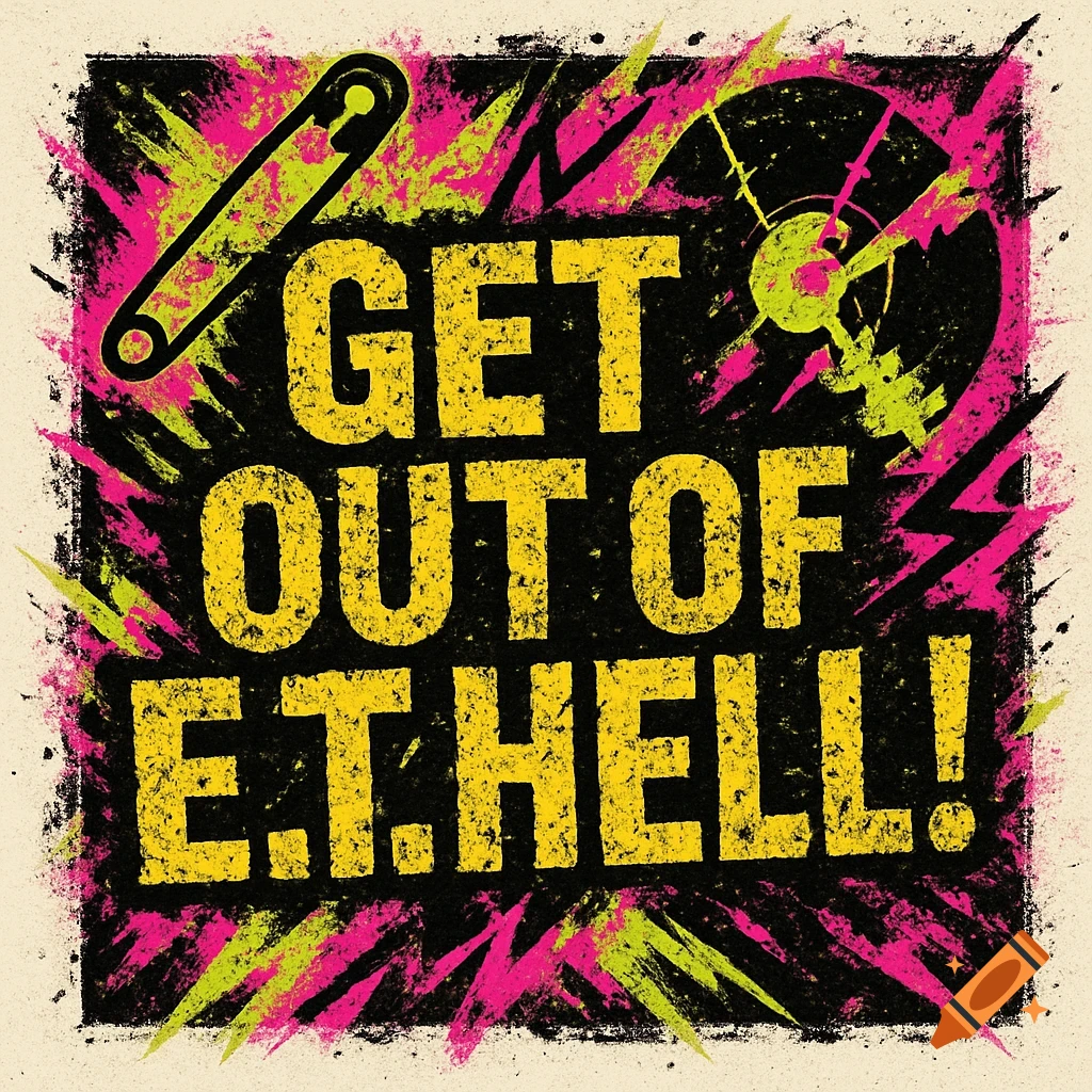 A distressed punk-style logo with yellow text on a black background reading 'GET OUT OF E.T.HELL!', surrounded by neon pink and green splatters, a safety pin, and a record graphic.
