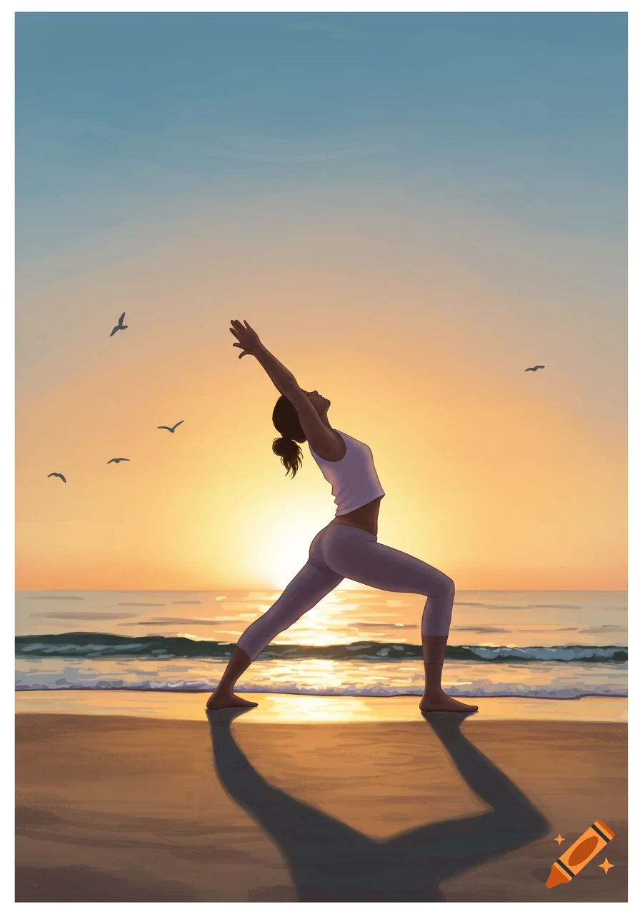 An illustration of a woman in a yoga pose on a beach at sunset with birds flying in the sky.
