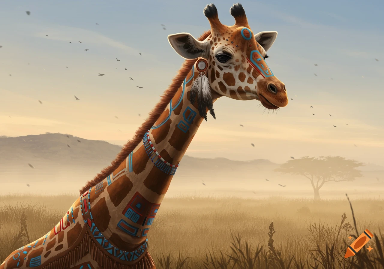 A majestic giraffe adorned with colorful Native American art patterns and feathers in a misty savanna landscape at sunset.