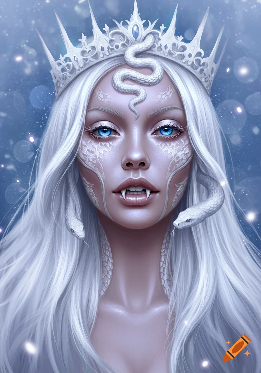 A fantasy woman with white hair, blue eyes, fangs, and white snake scales on her face, wearing a white crown with a snake. Blue background.