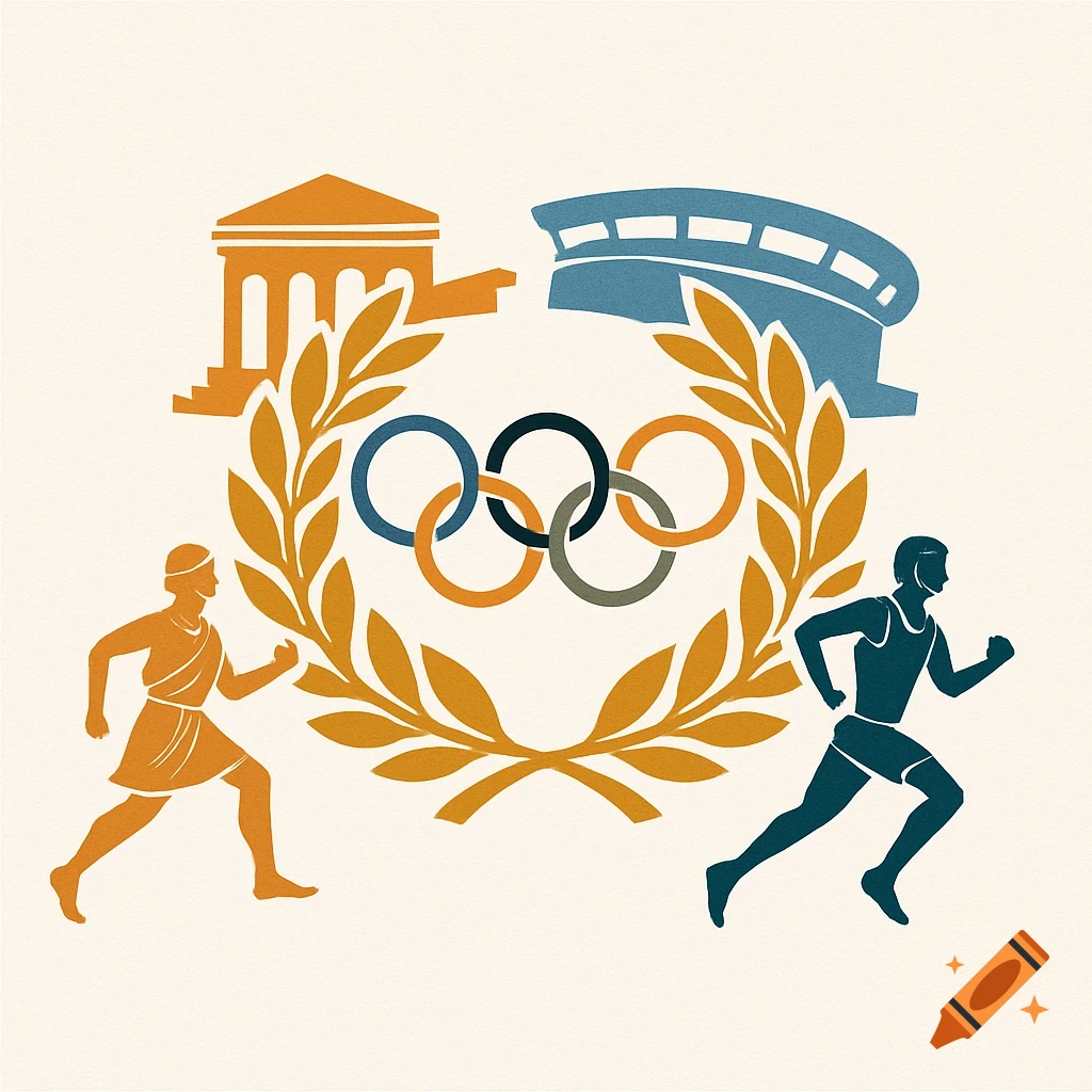 Stylized logo with an ancient runner, modern runner, Olympic rings, laurel wreath, ancient temple, and modern stadium.