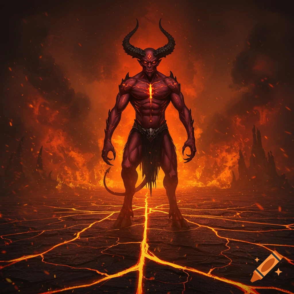 A muscular, horned red devil with glowing eyes and chest stands in a fiery landscape with lava cracks on the ground.