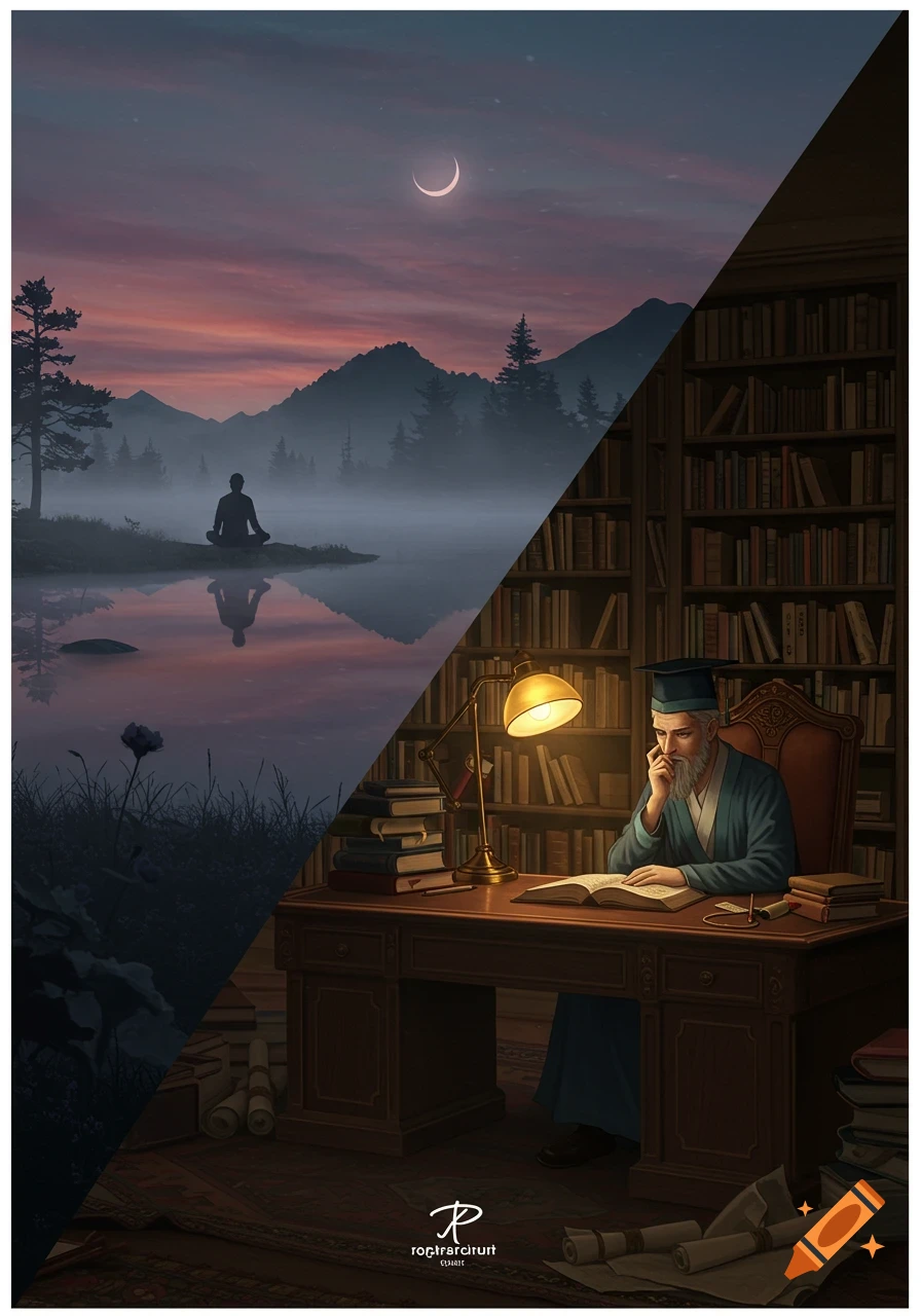 A split image showing a silhouette meditating by a misty lake at sunset on the left, and an old scholar reading in a library with a desk lamp on the right.