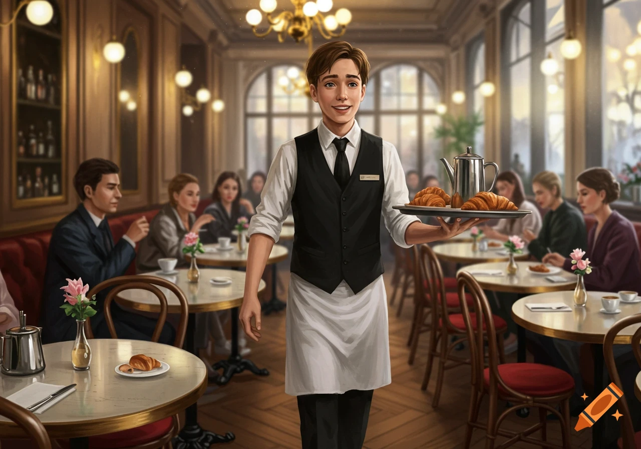 A male waiter in a vest and apron holds a tray with croissants and a coffee pot in a busy, ornate cafe.