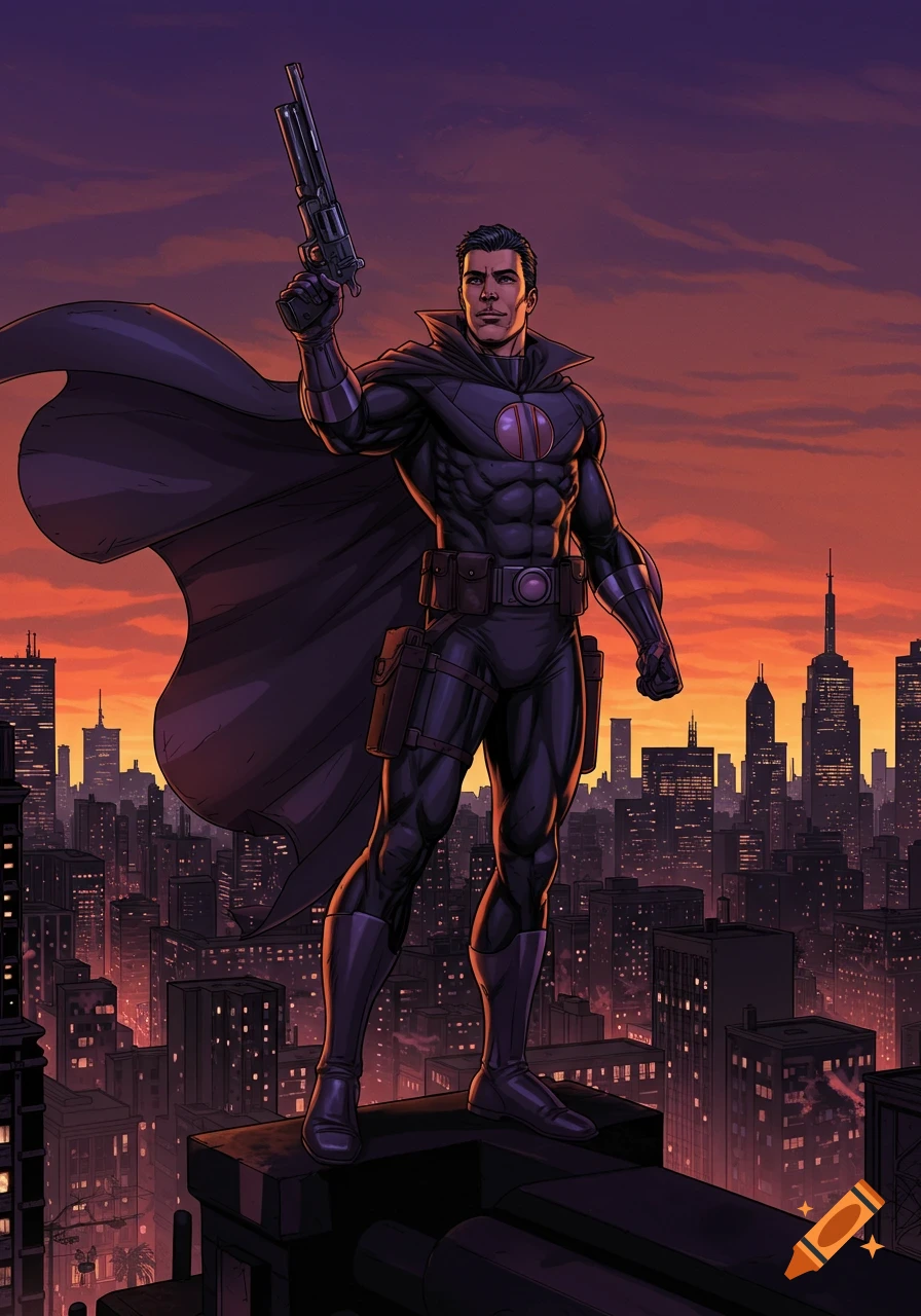 A comic book hero in a dark suit and cape stands on a rooftop, holding a pistol and overlooking a cityscape at sunset.