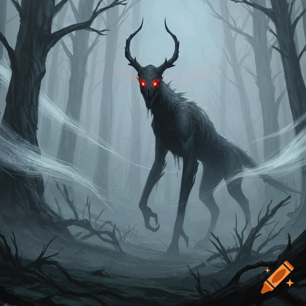 A gaunt, dark, deer-like monster with glowing red eyes and antlers stands in a foggy, eerie forest. Digital art style.