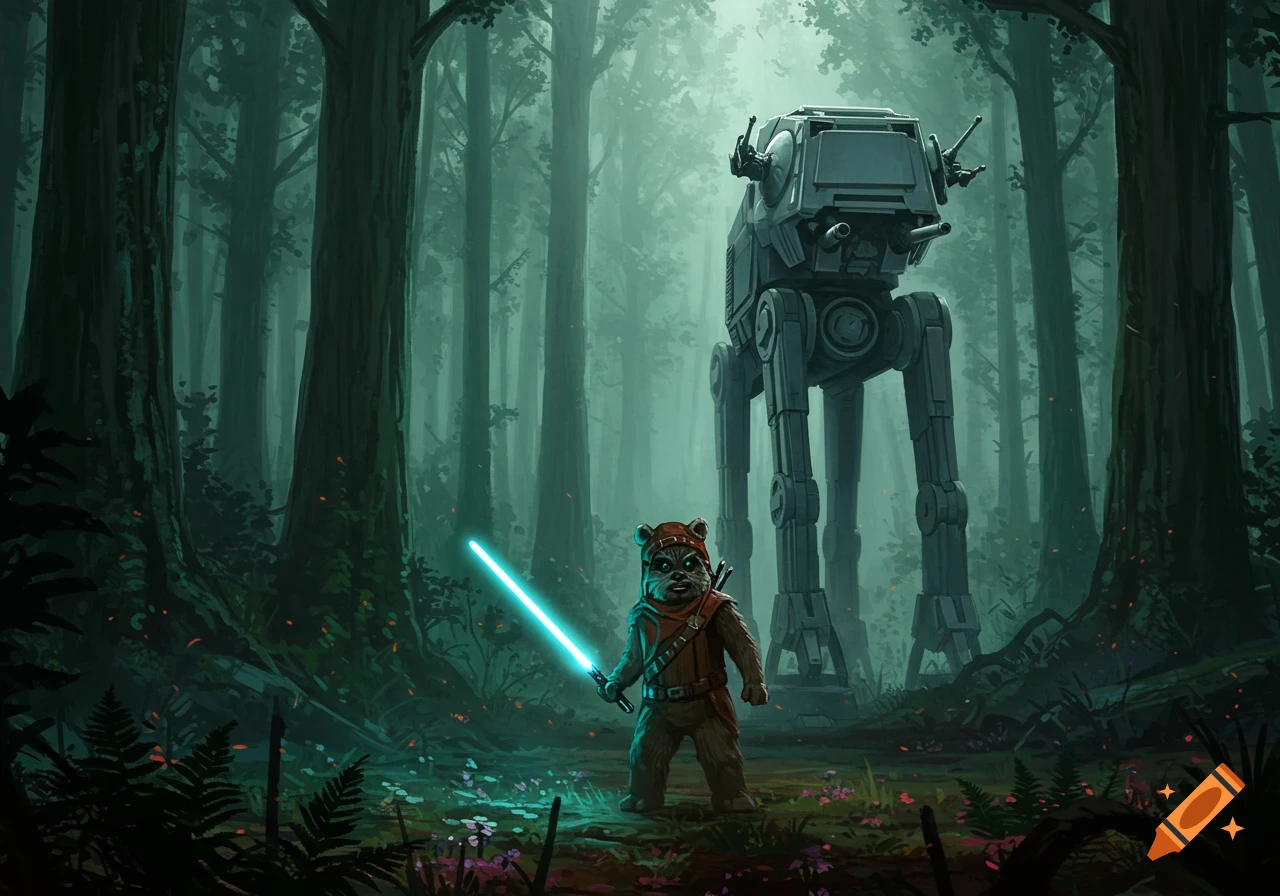 An Ewok warrior holds a glowing blue lightsaber in a dark, misty forest, with an AT-ST walker looming behind it. Digital illustration.