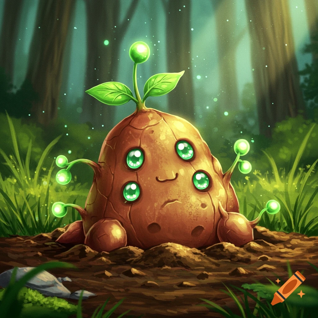 A cute, brown, potato-like creature with multiple large green eyes and leafy sprouts, half-buried in a forest.