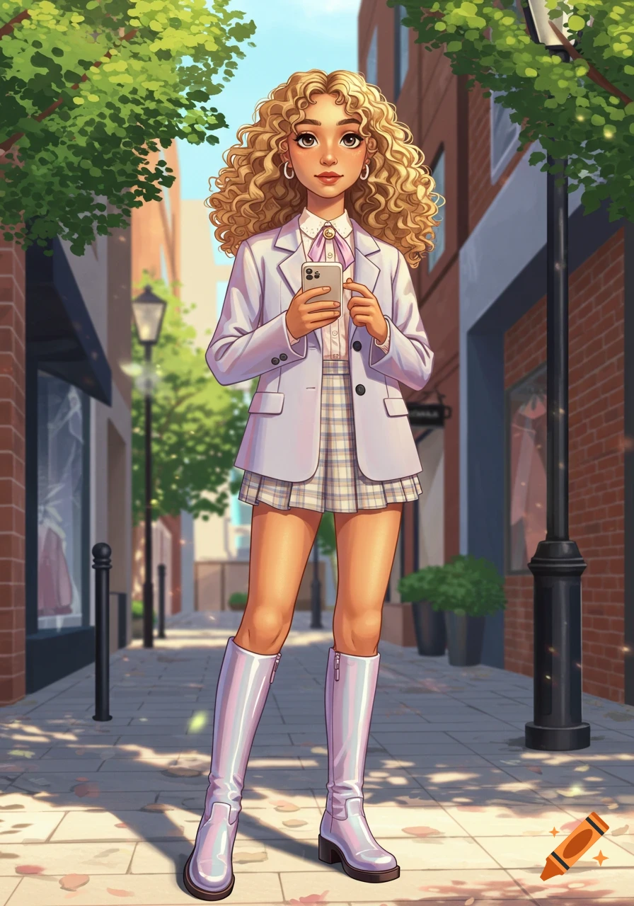 An illustrated young woman with blonde curly hair, wearing a preppy blazer, plaid skirt, and boots, holding a phone on a sunny city street.