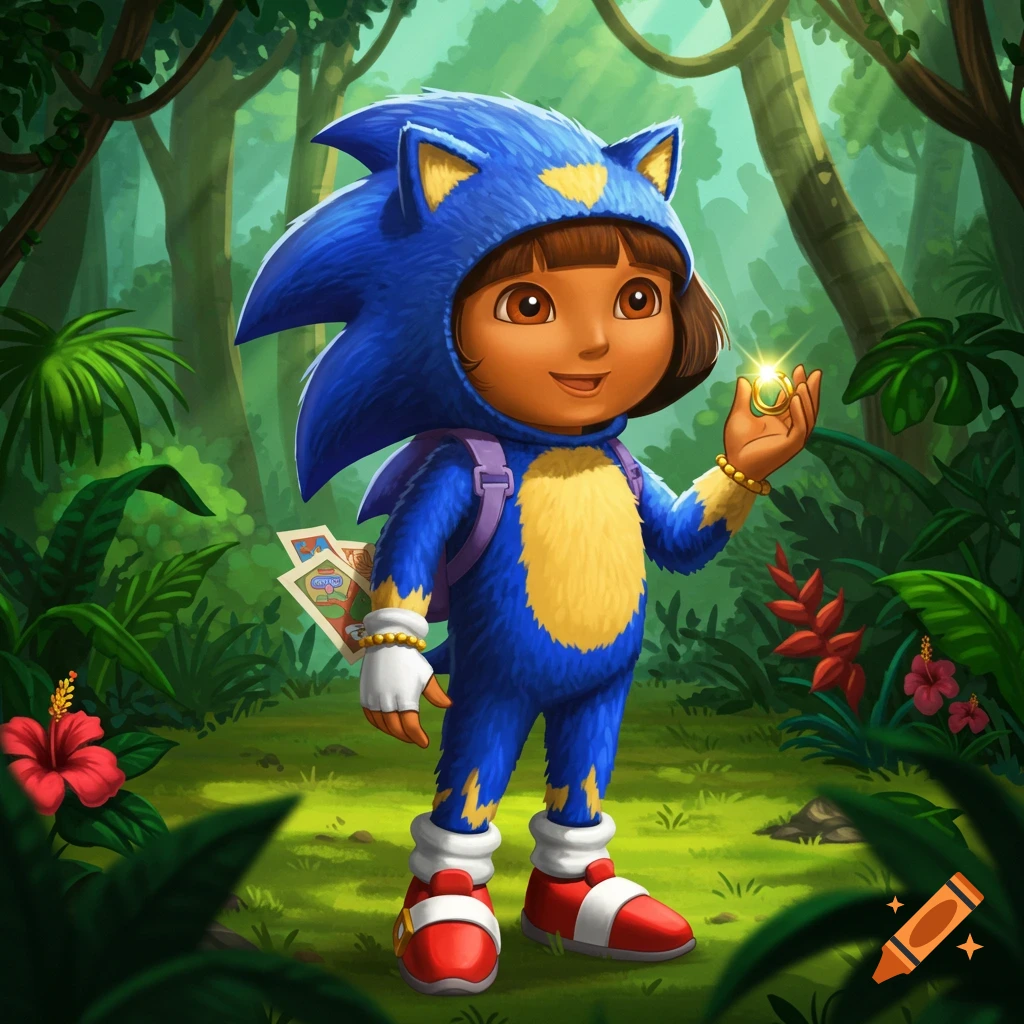 Dora the Explorer in a blue Sonic the Hedgehog costume, holding a golden ring, standing in a lush jungle.