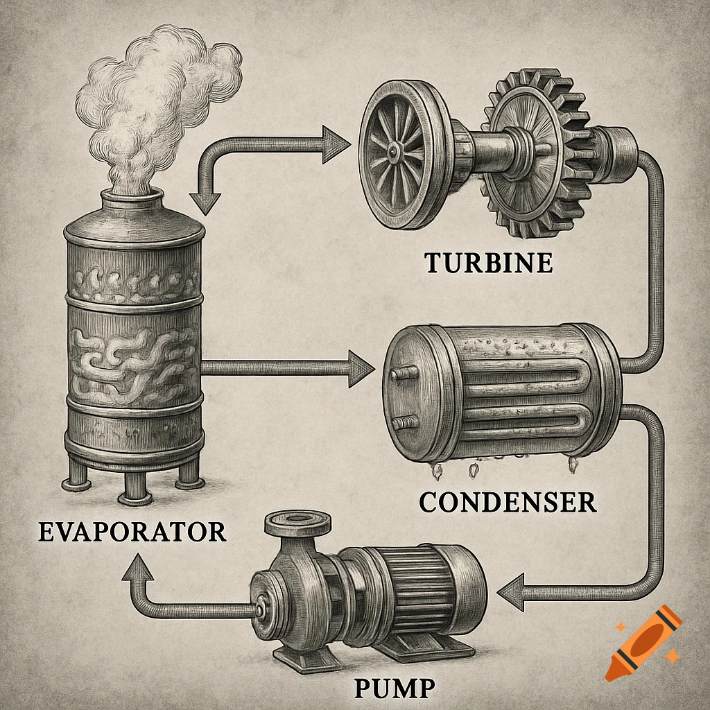 A vintage-style diagram of an organic Rankine cycle, showing an evaporator, turbine, condenser, and pump connected by arrows.