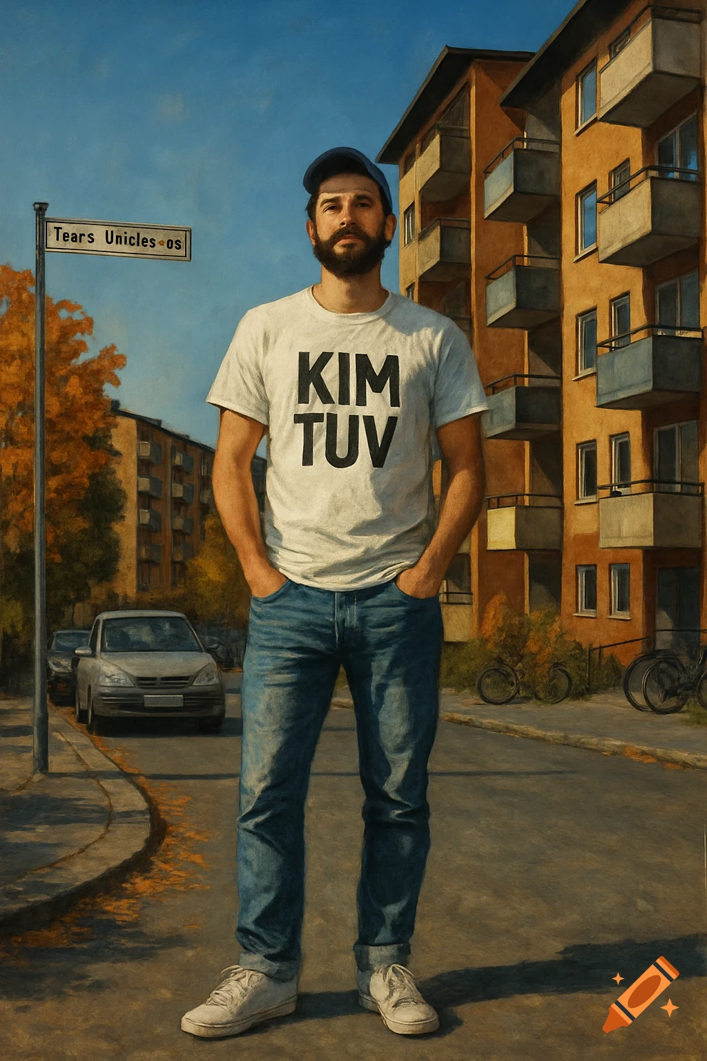 A bearded man in a white "KIM TUV" t-shirt and jeans stands on an autumn street with apartment buildings and cars in the background, under a blue sky.