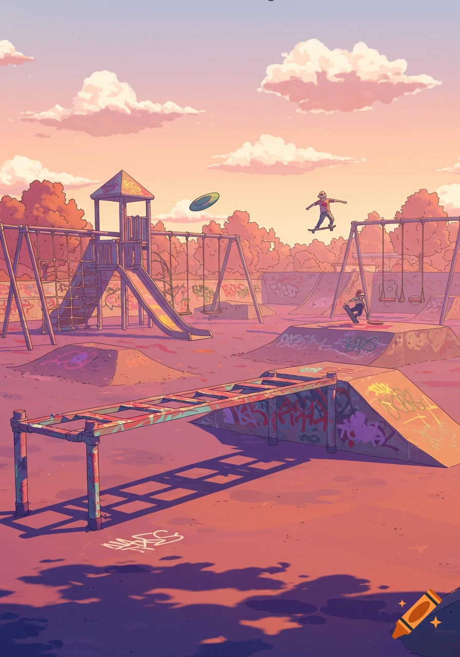 Cartoon illustration of a colorful skatepark and playground at sunset, with kids skateboarding and a frisbee in the air.