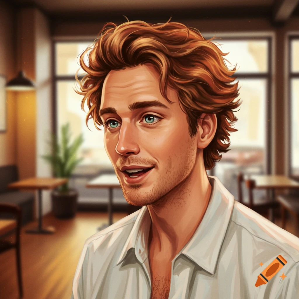 Stylized digital illustration of a man with reddish-brown hair, blue eyes, and stubble, smiling in a cafe.